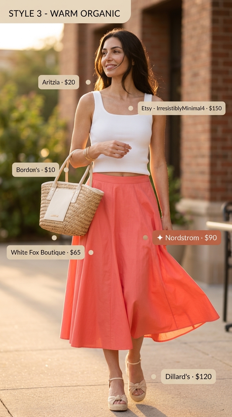 Sweet Citrus Brunch Skirt 2026 Coral A-line midi skirt outfit for classy summer brunch for women 2026. White ribbed tank and espadrilles.