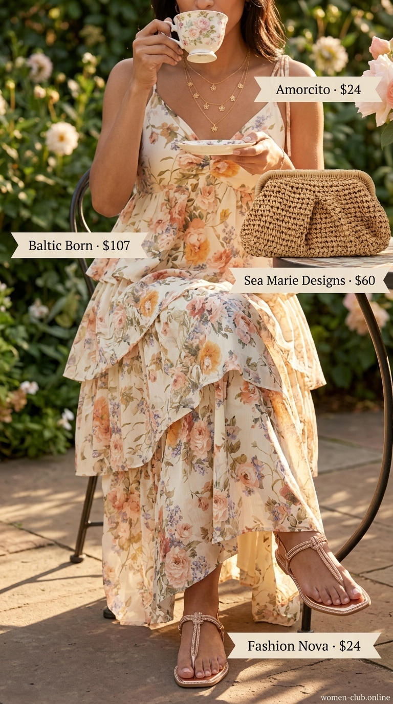 Bohemian Garden Brunch Dress 2026 Floral print maxi dress for classy summer brunch for women 2026. Bohemian style with woven clutch.