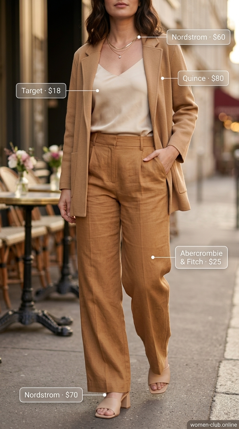 Ivory Linen & Gold Brunch Trousers 2026 Ivory linen wide-leg trousers for classy summer brunch for women 2026. Silk cami and camel blazer.