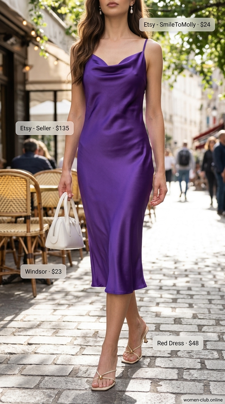 Lilac Dream Brunch Dress 2026 Soft lilac satin slip dress for classy summer brunch for women 2026. Feminine and romantic with pearl earrings.