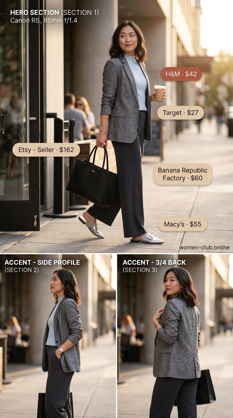 Urban Professional Brunch Look 2026 Charcoal gray linen suit with light blue top for classy summer brunch for women 2026. Professional and polished.