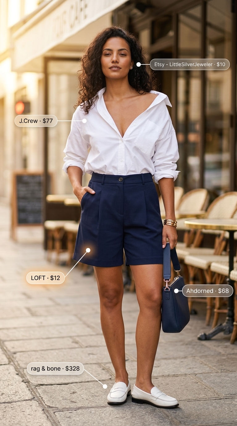 Chic City Brunch Shorts 2026 Navy blue Bermuda shorts outfit for classy summer brunch for women 2026. White shirt and leather loafers.