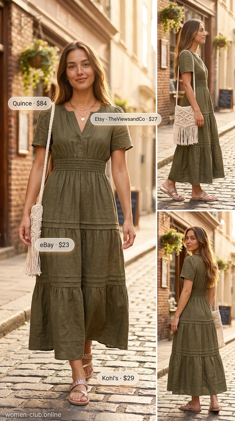 Olive Grove Garden Brunch Dress 2026 Olive green tiered maxi dress for classy summer brunch for women 2026. Bohemian style with macrame bag.