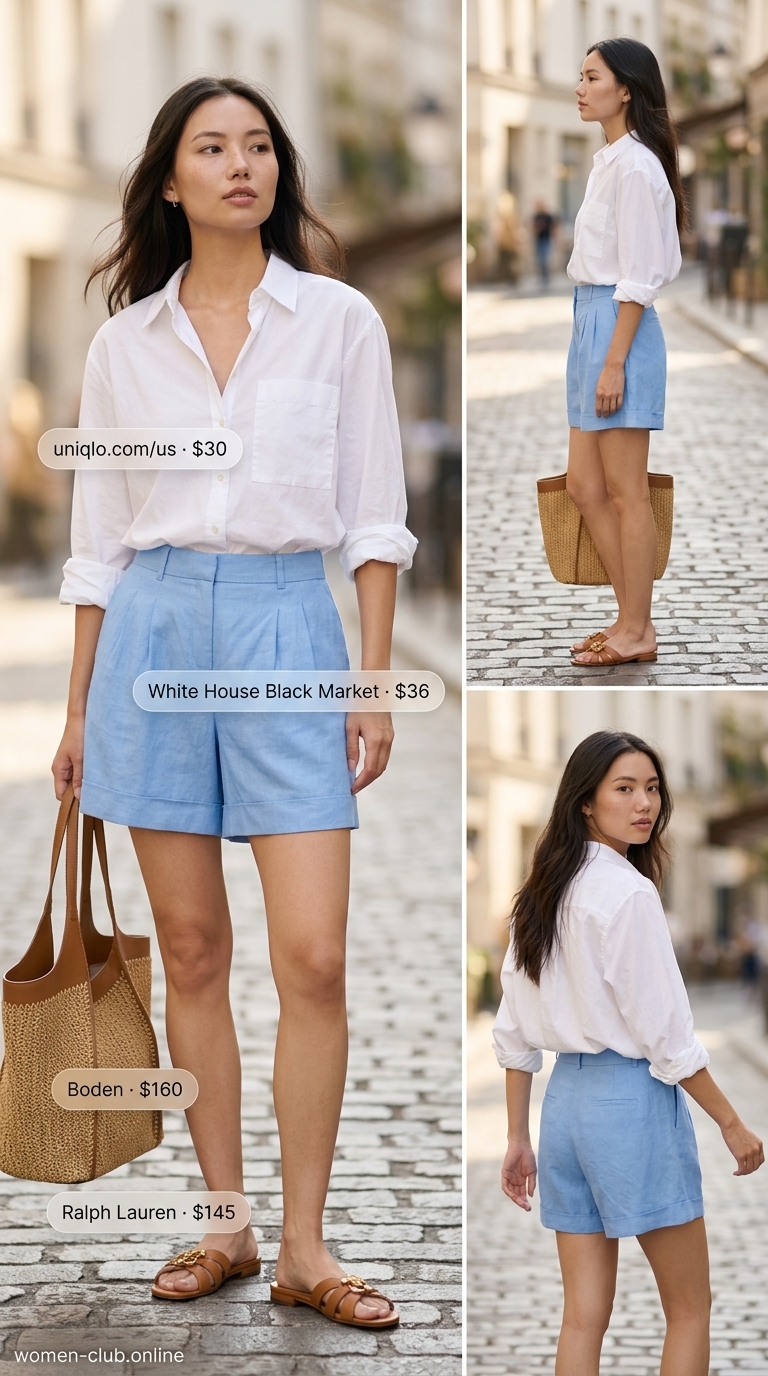 Lakeside Resort Brunch Shorts 2026 Sky blue linen shorts outfit for classy summer brunch for women 2026. White oversized shirt and straw tote.