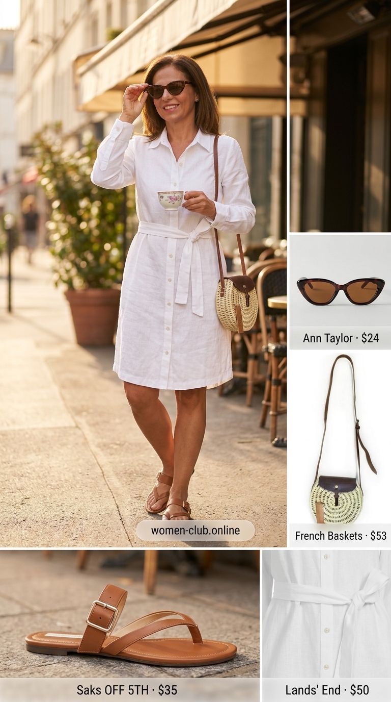 White Linen Brunch Outfit 2026 Crisp white linen shirt dress outfit for classy summer brunch for women 2026. Tan straw bag and tortoise sunglasses.
