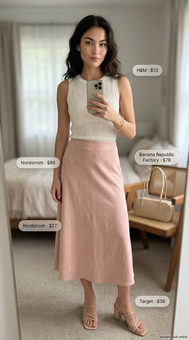 Chic Midi Skirt Outfit 2026: Blush Pink & Cream Clean summer basic outfit for women 2026: Blush pink midi skirt, cream tank, block heels, and top-handle bag for brunch.
