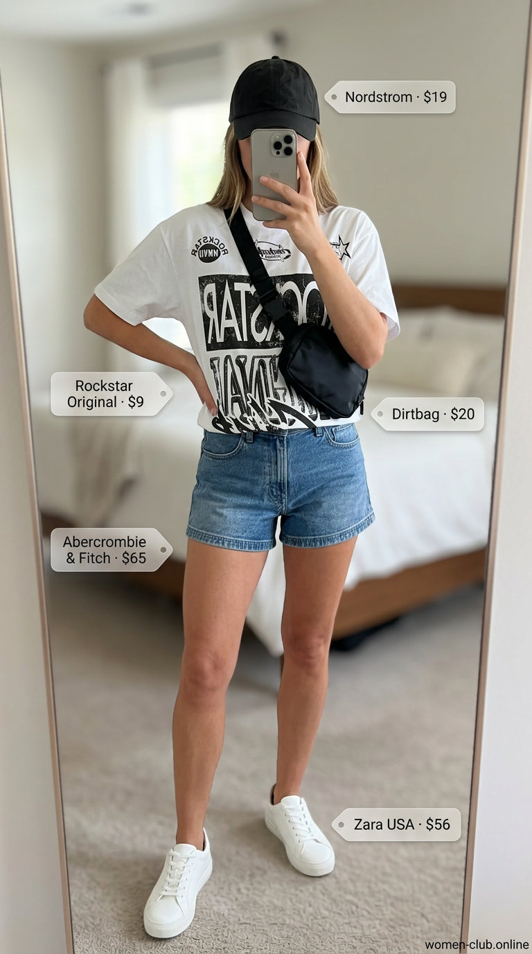 Casual Summer Outfit 2026: Denim Shorts & Graphic Tee Clean summer basic outfit for women 2026: Denim shorts, graphic tee, belt bag, and sneakers for casual errands.