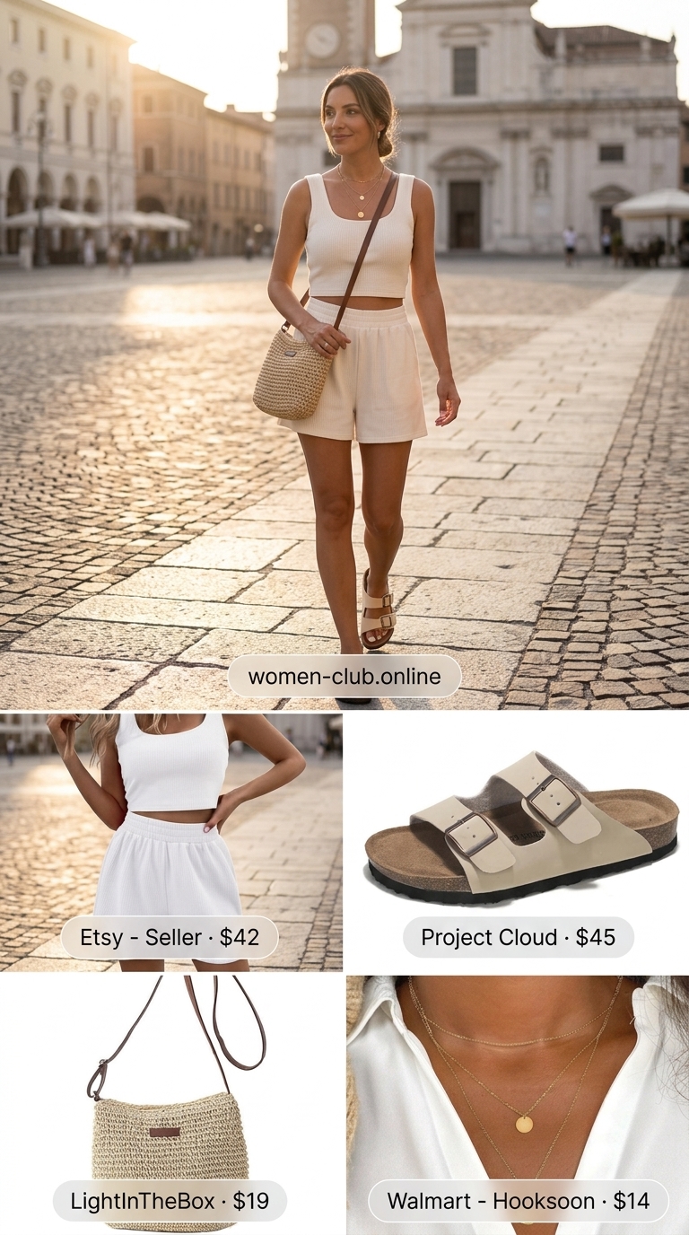 Chic Summer Set 2026: Knit Co-ord & Straw Bag Clean summer basic outfit for women 2026: Ivory knit set, straw bag, and gold jewelry for a chic travel look.