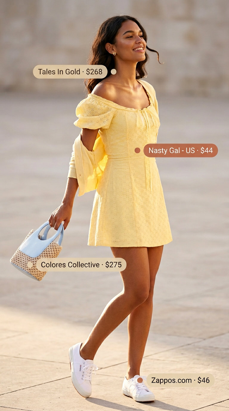 Playful Summer Sundress 2026: Lemon Yellow & Canvas Clean summer basic outfit for women 2026: Lemon yellow sundress, canvas sneakers, and woven bag for a summer festival.