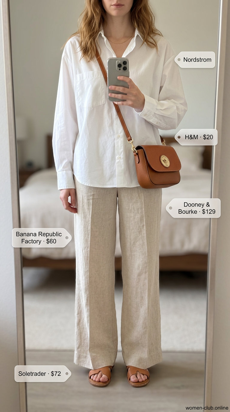 Minimalist Summer Pants 2026: Linen & White Shirt Clean summer basic outfit for women 2026: Linen pants, white shirt, crossbody bag, and slides for a relaxed day out.