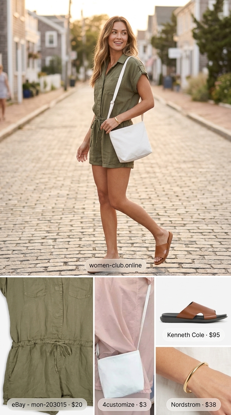 Casual Summer Romper 2026: Olive Green Linen Blend Clean summer basic outfit for women 2026: Olive green linen romper, canvas bag, and minimalist sandals for casual errands.