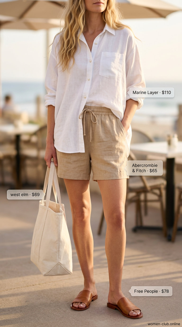 Beach Vacation Outfit 2026: Linen Shorts & Oversized Shirt Clean summer basic outfit for women 2026: Linen shorts, oversized shirt, canvas tote, and sandals for beach vacation.