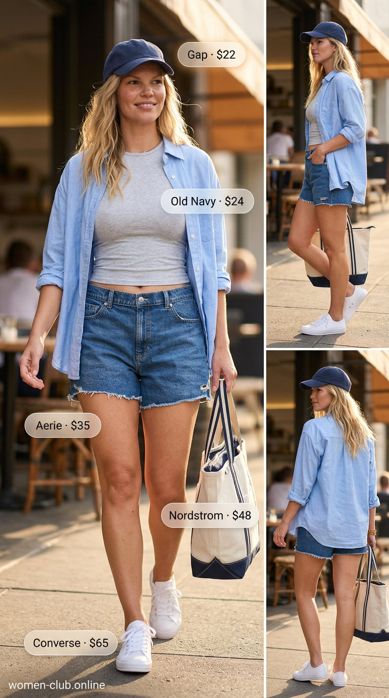 Weekend Denim Shorts: Casual Summer Look 2026 Clean summer basic outfit for women 2026: Denim shorts with oversized white shirt, baseball cap, and sneakers.