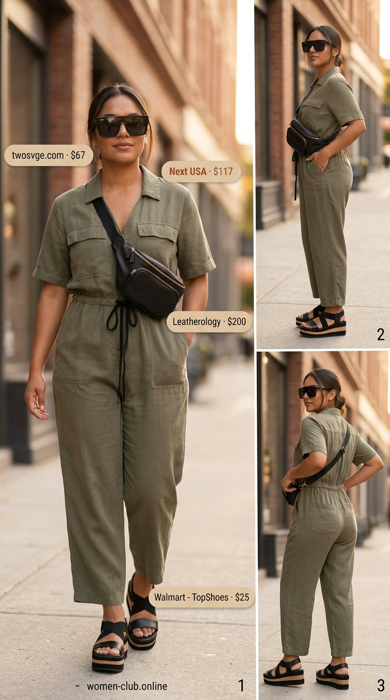 Clean Summer Basic Outfit for Women 2026: Utility Jumpsuit Clean summer basic outfit for women 2026: Khaki utility jumpsuit, black belt bag, platform sandals. Cool for errands.