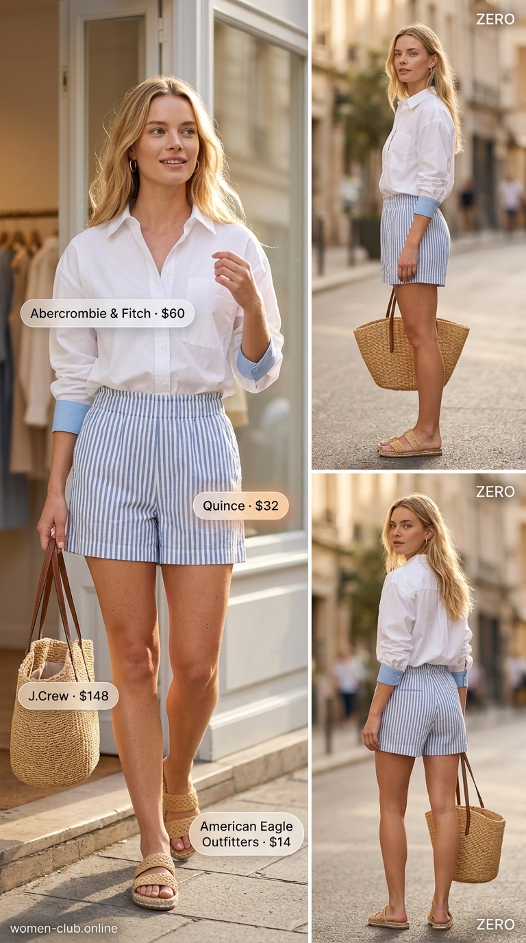 Linen Shorts Set: Relaxed Summer Style 2026 Clean summer basic outfit for women 2026: Light blue stripe linen shorts set with oversized white shirt.