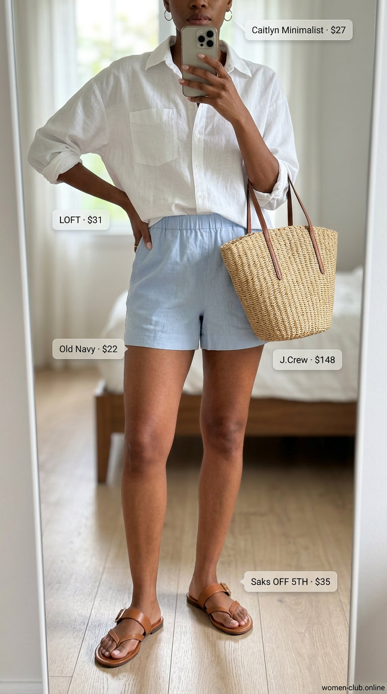 Linen Shorts & Shirt: Effortless Summer Outfit 2026 Clean summer basic outfit for women 2026: Light blue linen shorts and oversized white linen shirt, relaxed and effortless.