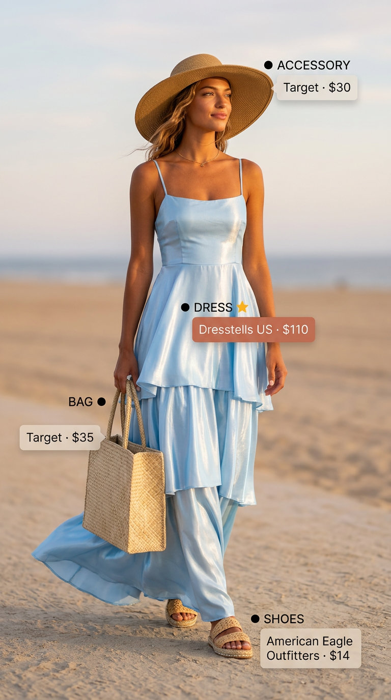 Clean Summer Basic Outfit for Women 2026: Sky Blue Maxi Clean summer basic outfit for women 2026: Sky blue maxi dress, straw hat, espadrilles. Coastal vacation style.