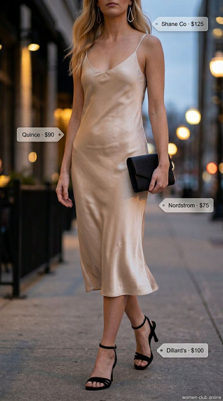 Sunset Slip Dress: Elegant Evening Outfit 2026 Clean summer basic outfit for women 2026: Champagne slip dress with black heels and clutch.