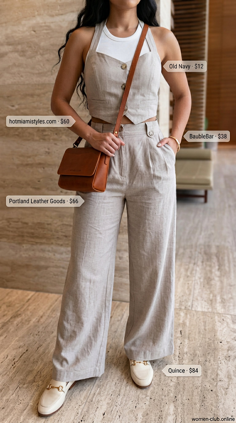 Clean Summer Basic Outfit for Women 2026: Chic Co-ord Set Clean summer basic outfit for women 2026: Light taupe linen co-ord set, white tank, leather loafers. Chic for events.