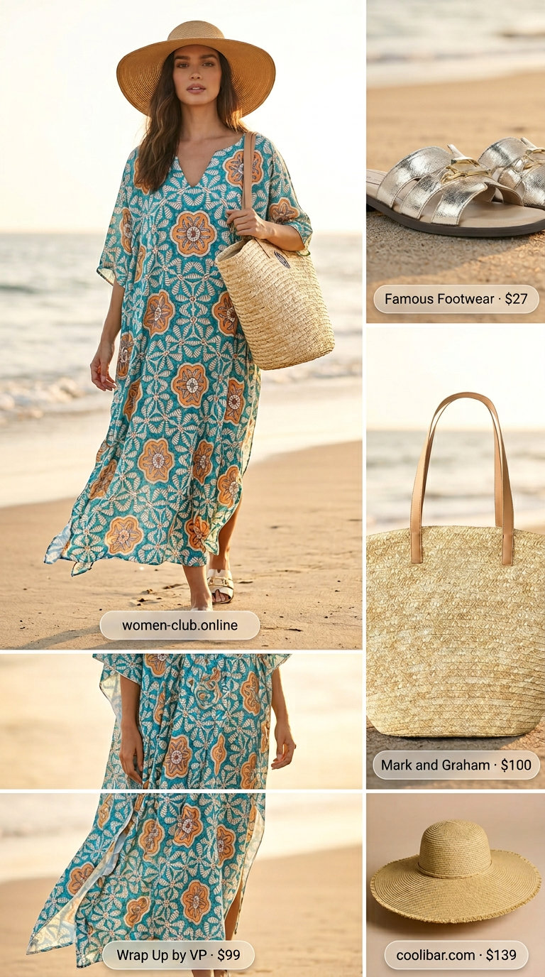 Clean Summer Basic Outfit for Women 2026: Maxi Caftan Clean summer basic outfit for women 2026: Teal print maxi caftan, straw hat, gold sandals. Glam resort wear.