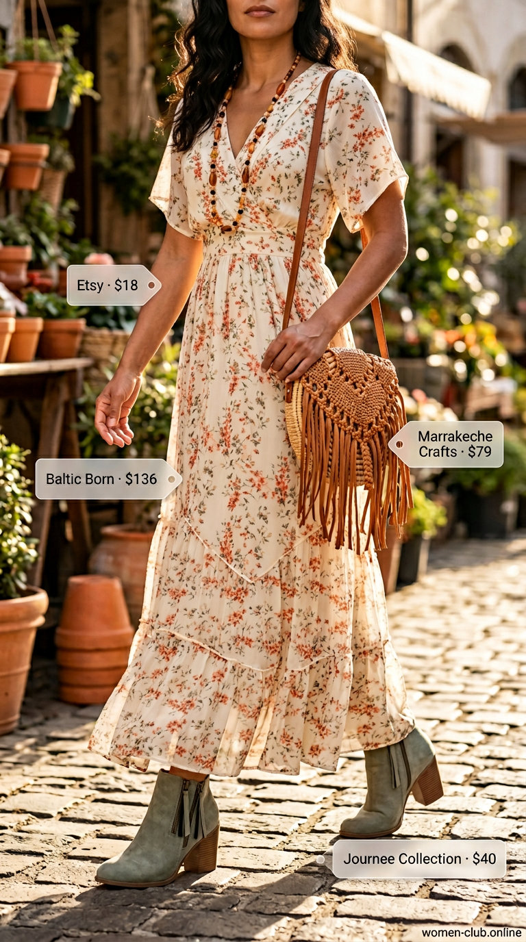 Clean Summer Basic Outfit for Women 2026: Boho Maxi Dress Clean summer basic outfit for women 2026: Terracotta floral maxi dress, straw bag, suede boots. Boho vibes.