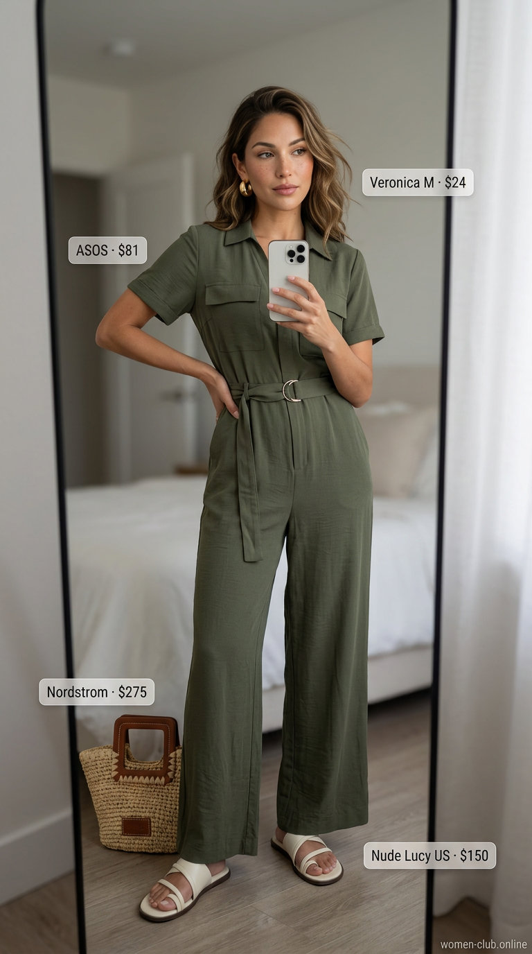 Modern Utility Jumpsuit: Clean Summer Outfit 2026 Clean summer basic outfit for women 2026: Olive green utility jumpsuit with cream slides and gold hoops.