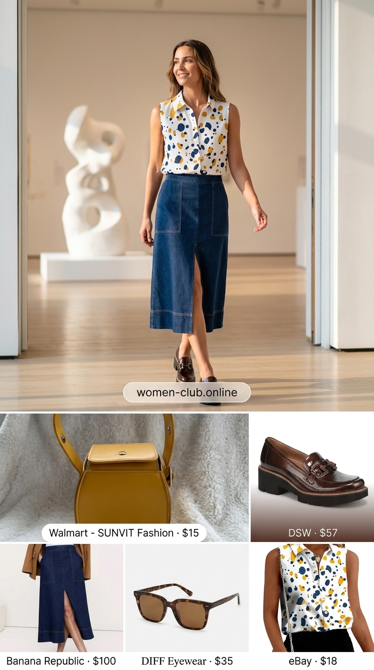 Abstract print collared summer sleeveless top for women 2026 with denim skirt for art fair.