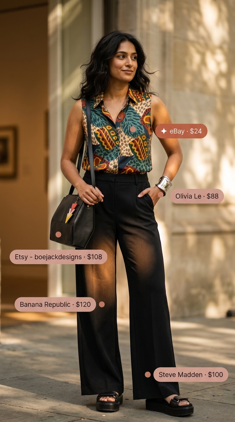 Abstract print collared summer sleeveless top for women 2026 with black wide-leg pants for art gallery chic.