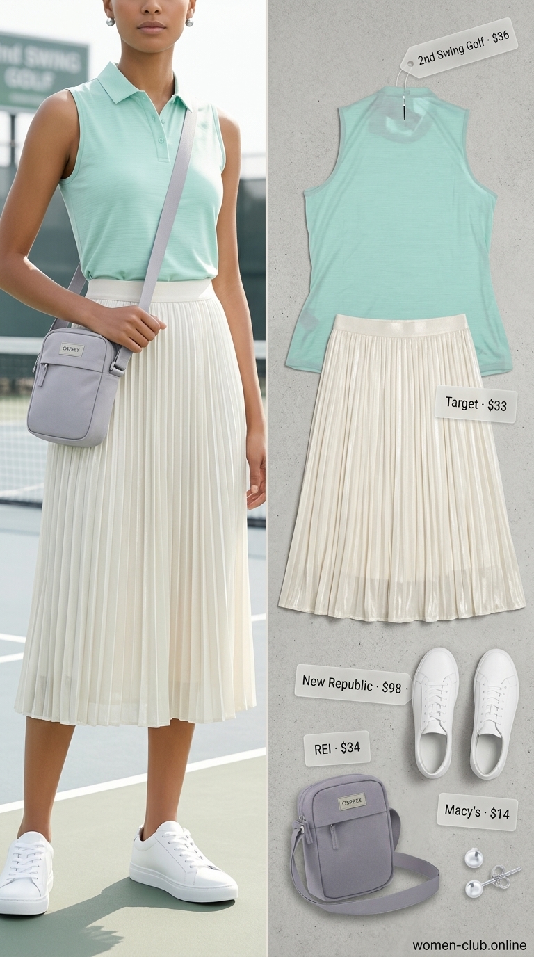 Mint green collared summer sleeveless top for women 2026 with pleated skirt for athleisure.