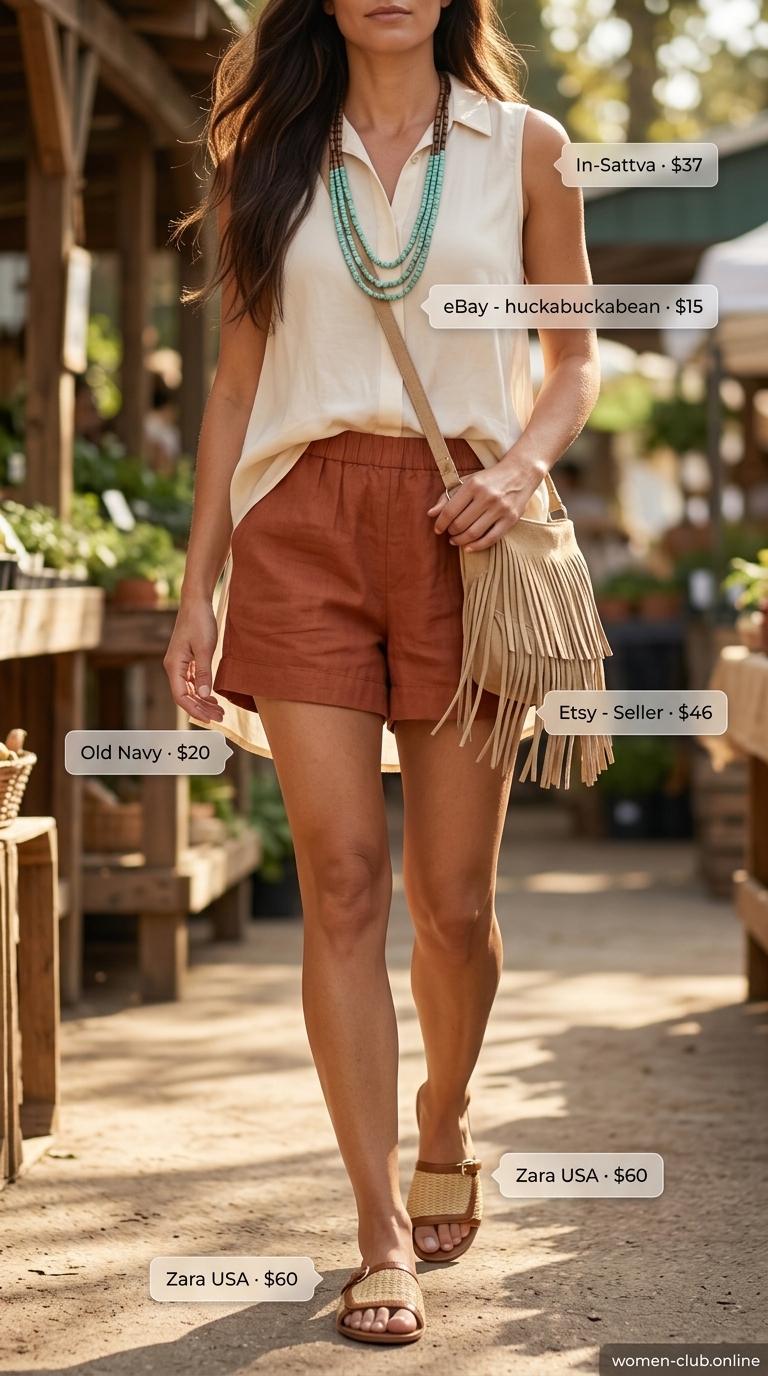 Cream collared summer sleeveless top for women 2026 with terracotta shorts for a bohemian market wanderer look.