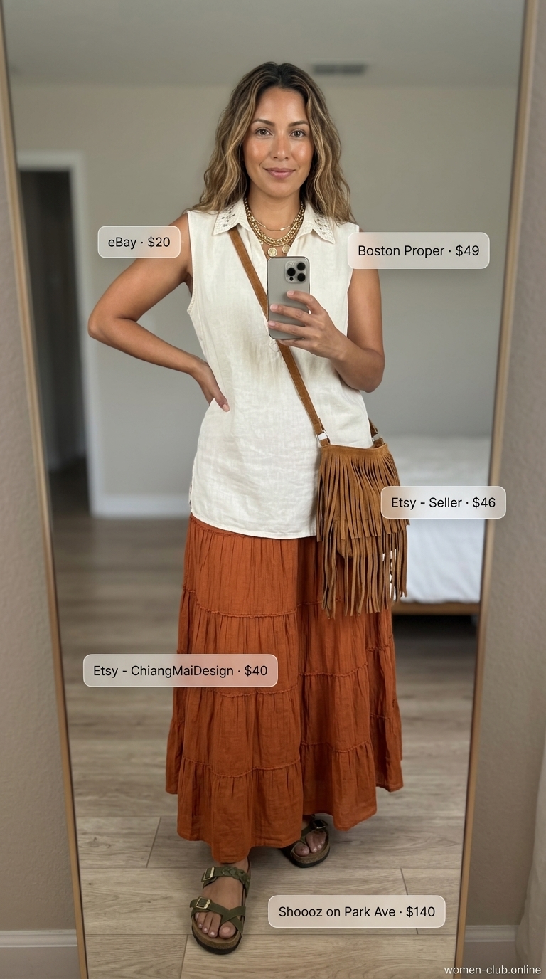 Collared summer sleeveless tops for women 2026: Cream tunic top, terracotta skirt for a bohemian desert bloom look.
