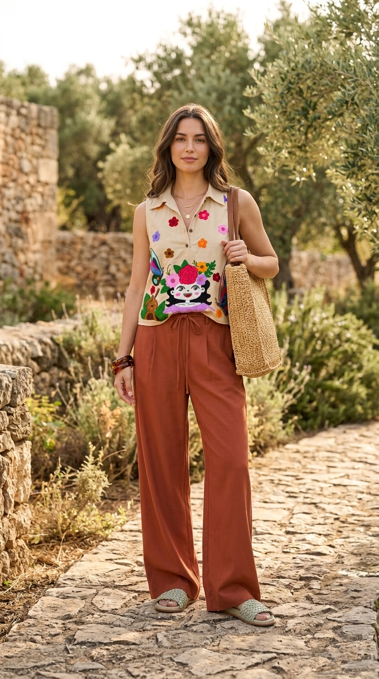 Cream collared summer sleeveless top for women 2026 with flowy pants for a festival vibe.