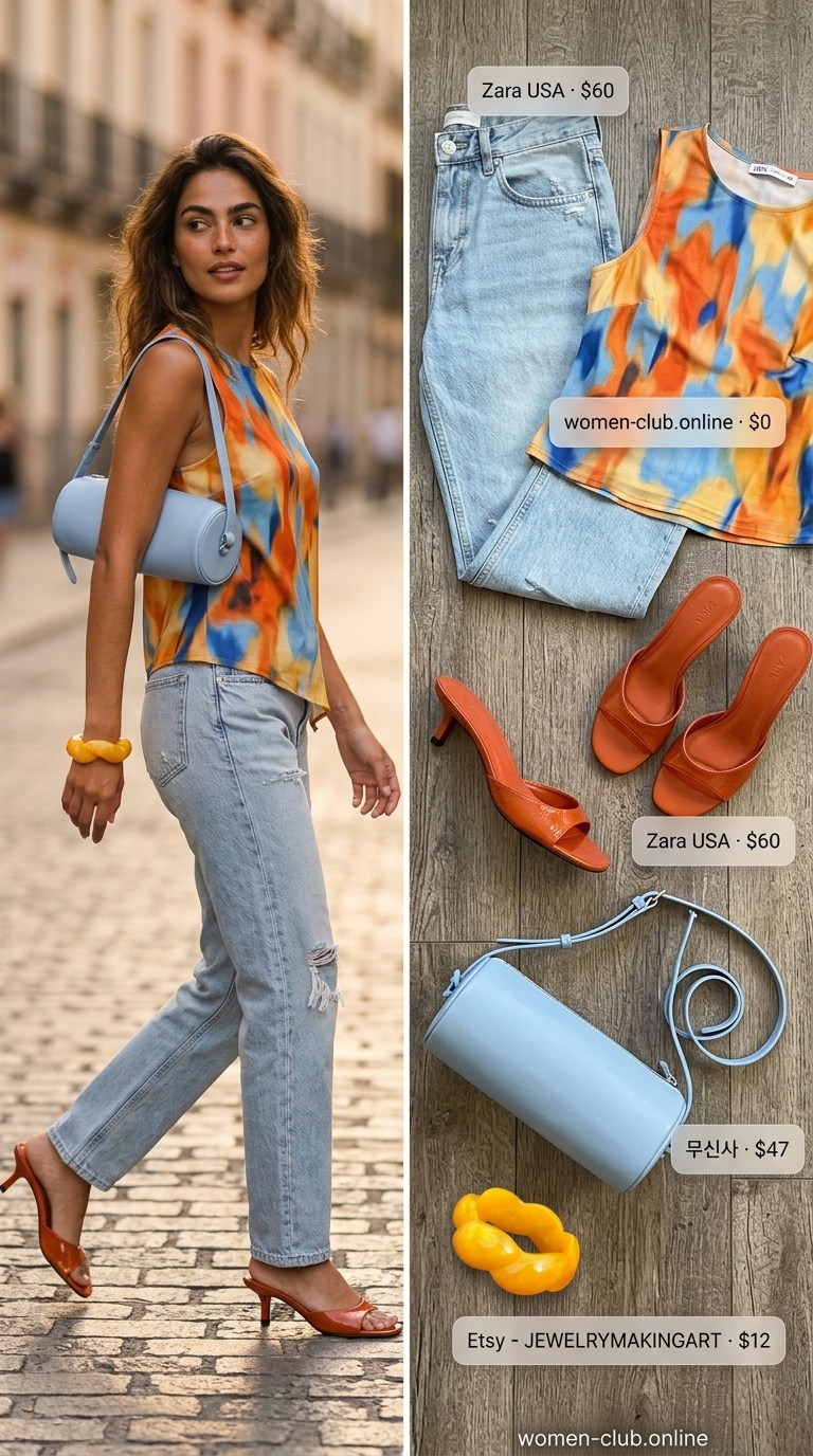 Collared summer sleeveless tops for women 2026: Abstract print shirt, light wash jeans, orange mules for an art gallery visit.