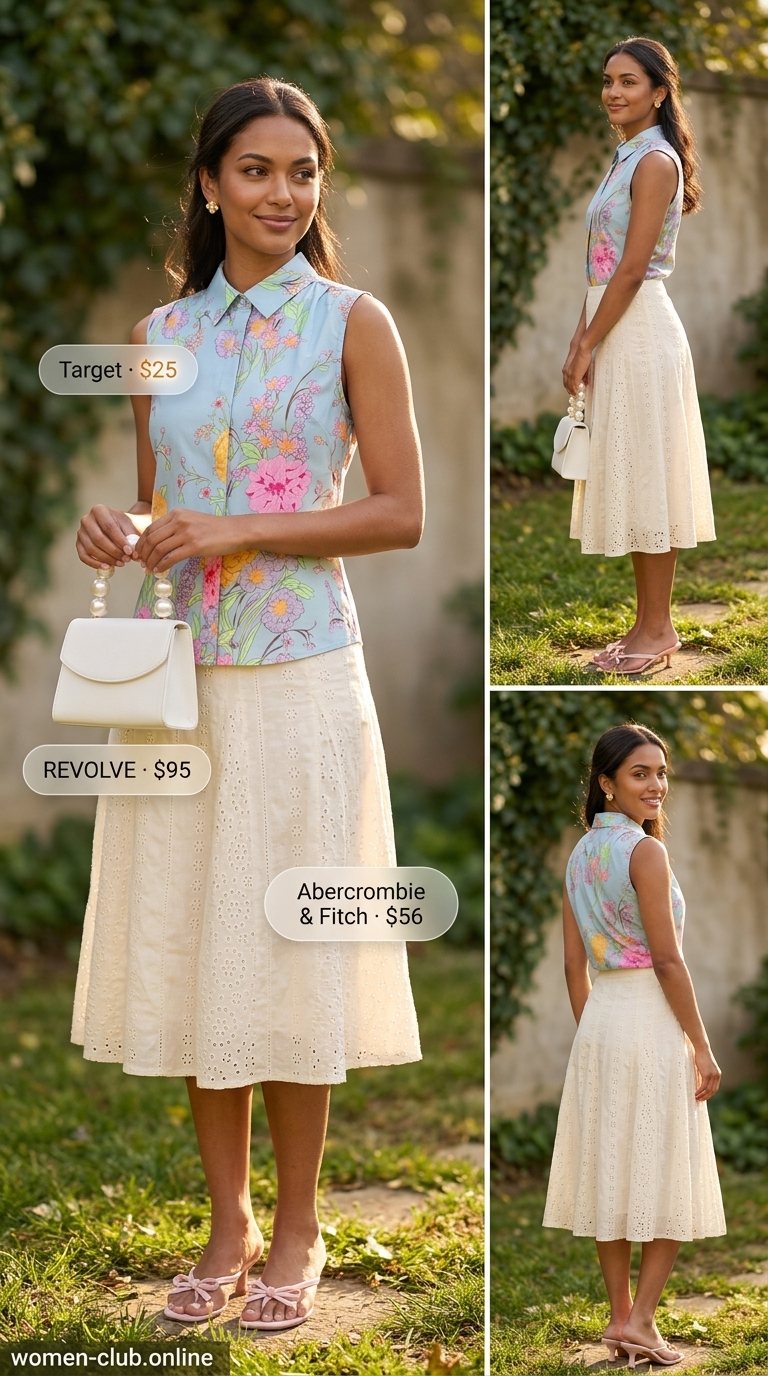 Floral collared summer sleeveless top for women 2026 with A-line skirt for garden party.
