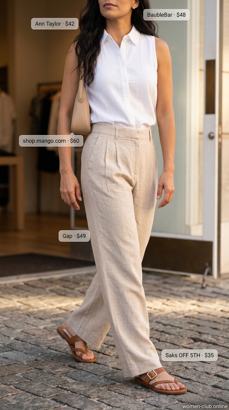 Collared summer sleeveless tops for women 2026: White shirt, beige linen pants for a modern minimalist day out.
