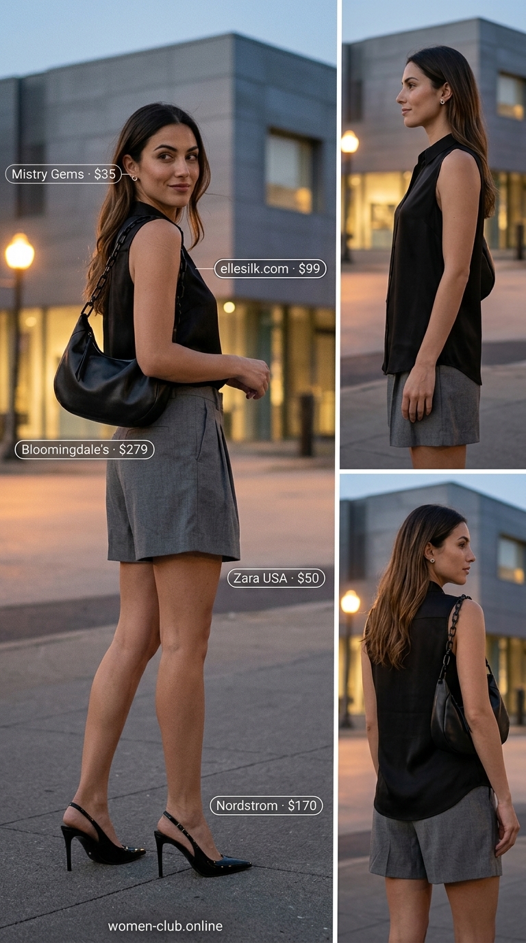 Sleek black collared summer sleeveless top for women 2026 with grey shorts for evening out.