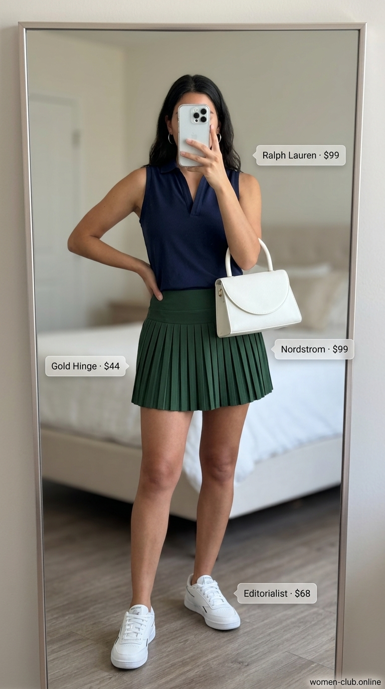 Collared summer sleeveless tops for women 2026: Navy polo top, green tennis skirt for a sporty, preppy day out.