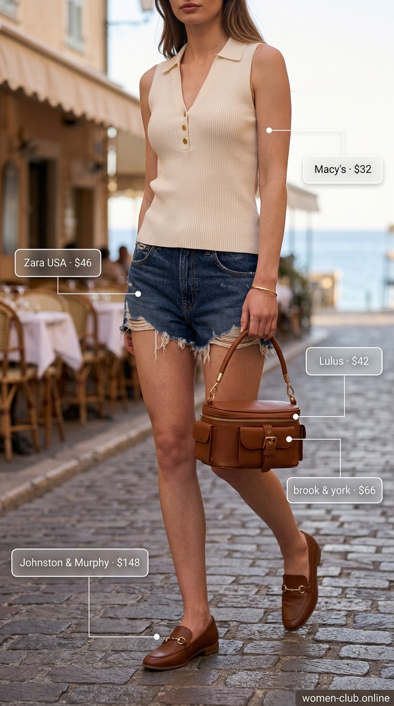 Cream collared summer sleeveless top for women 2026 with dark denim shorts for a French Riviera getaway.