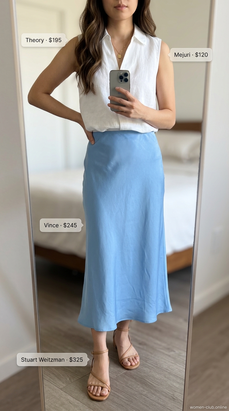 Collared summer sleeveless tops for women 2026: White linen shirt, navy wide-leg pants for resort wear and summer brunch.