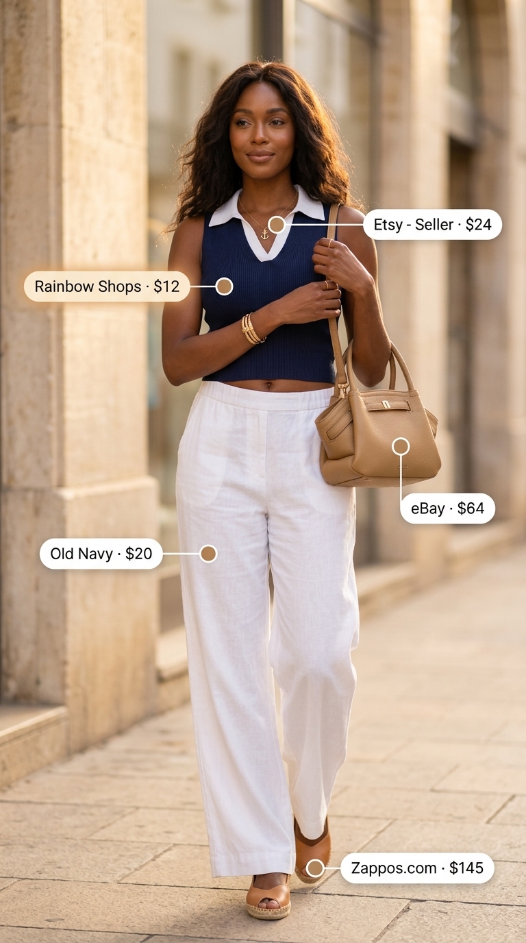 Navy collared summer sleeveless top for women 2026 with white trousers for Riviera yacht club.