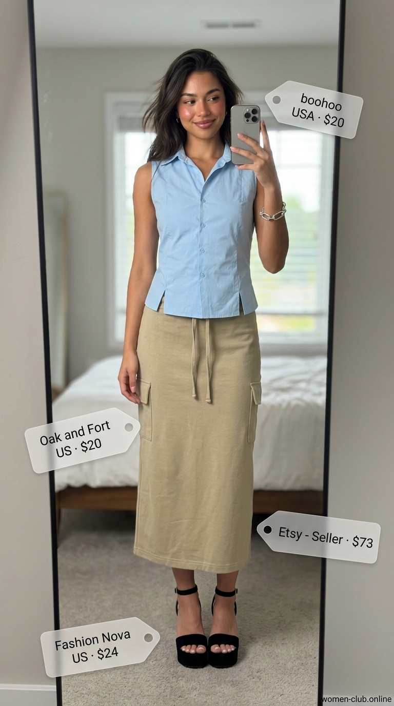 Collared summer sleeveless tops for women 2026: Khaki shirt, cargo skirt for safari street style and urban exploration.