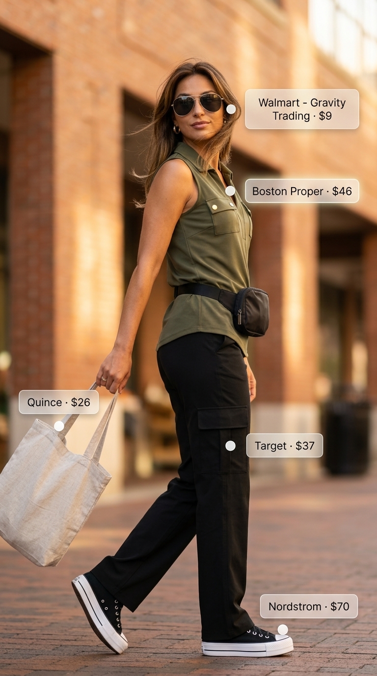Khaki green collared summer sleeveless top for women 2026 with cargo pants for safari city stroll.