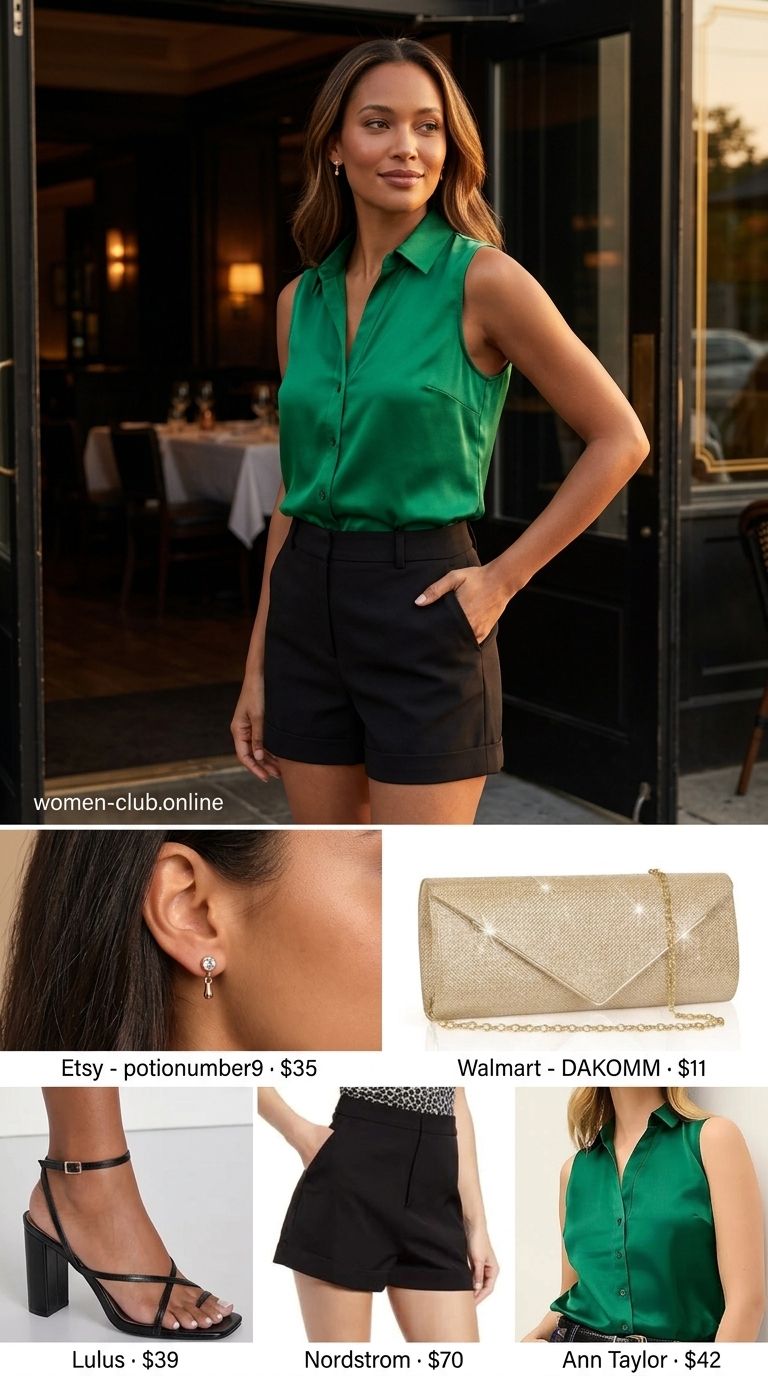 Emerald green collared summer sleeveless top for women 2026 with sequin clutch for date night.