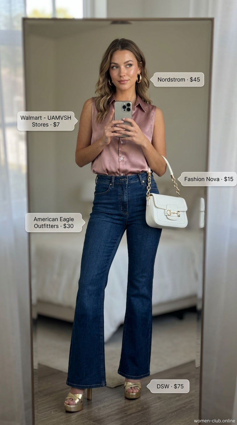 Collared summer sleeveless tops for women 2026: Dusty rose satin shirt, dark wash flare jeans for date night and evening cocktails.