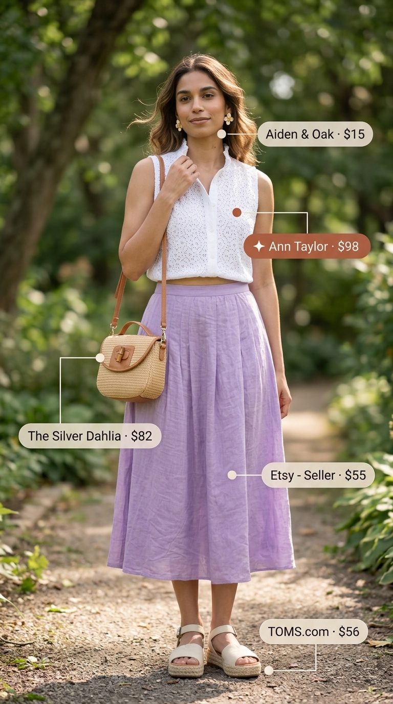 White collared summer sleeveless top for women 2026 with lavender skirt for sunset picnic romance.