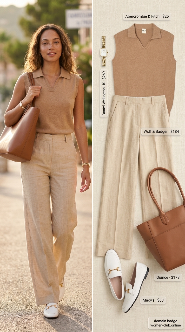 Collared summer sleeveless tops for women 2026: Camel knit top, cream wide-leg trousers for upscale lunch and business casual.