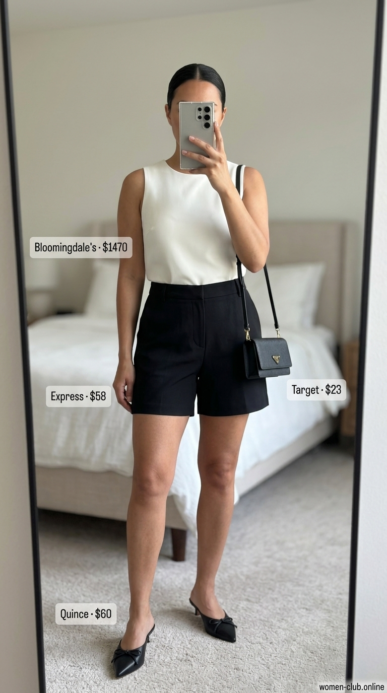 Ivory collared summer sleeveless top for women 2026 with tailored shorts for city sightseeing.
