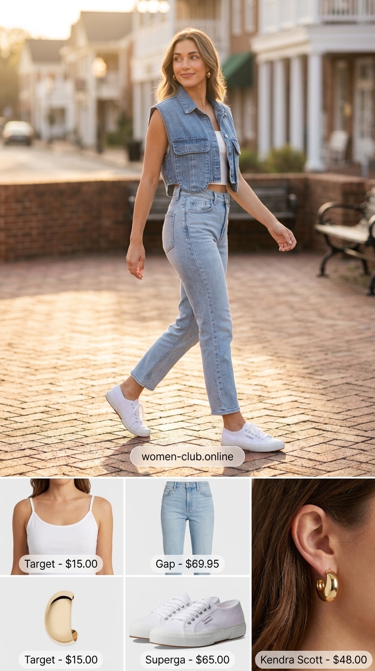 Denim collared summer sleeveless vest top for women 2026 with white jeans for weekend casual.