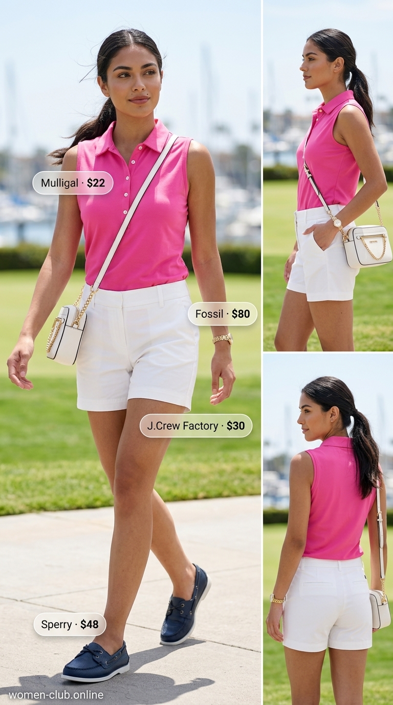 Bright pink collared summer sleeveless top for women 2026 with chino shorts for yacht club.