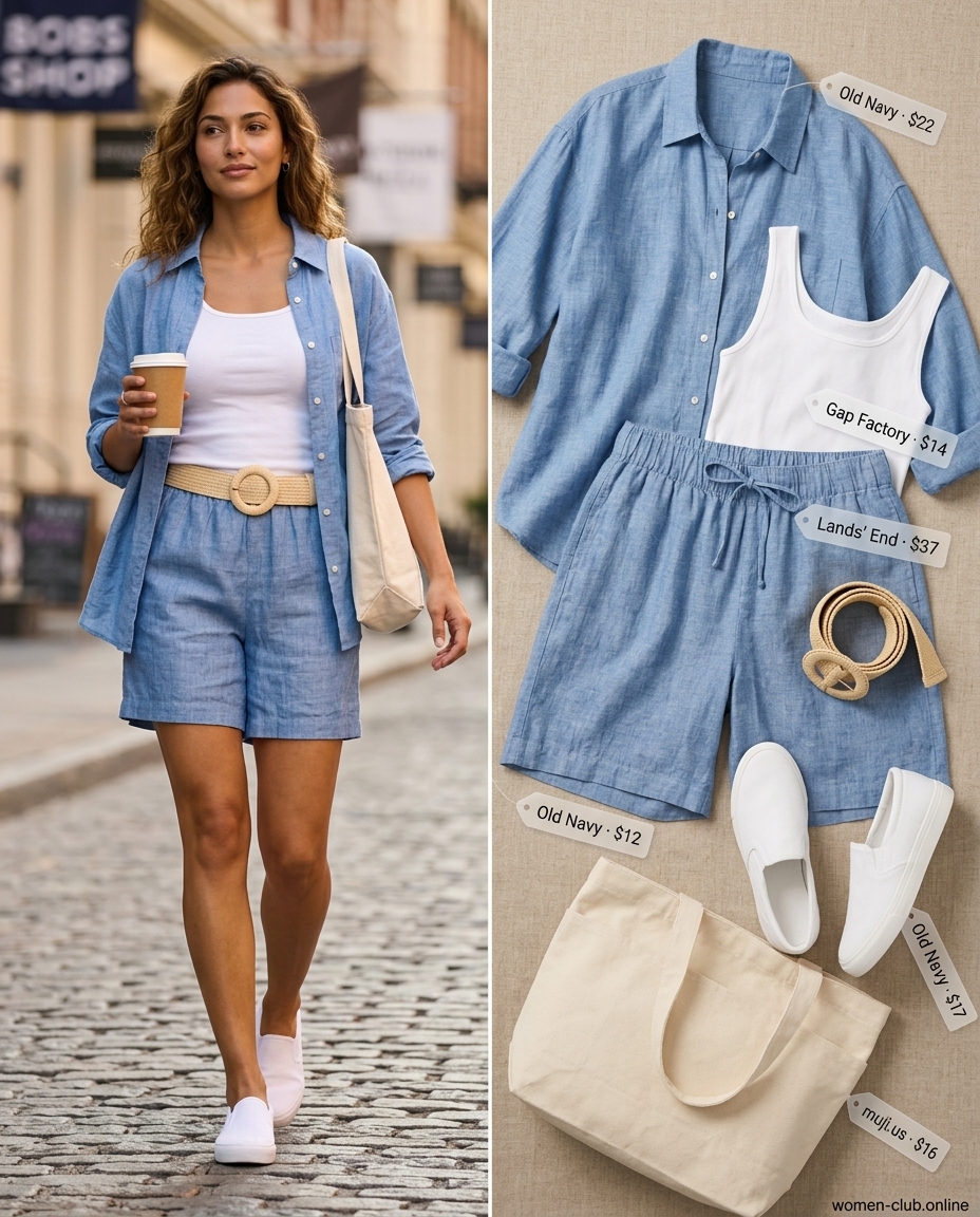Colorful summer color block outfits for women 2026: Coastal blue linen shorts set with white tank and oversized shirt.